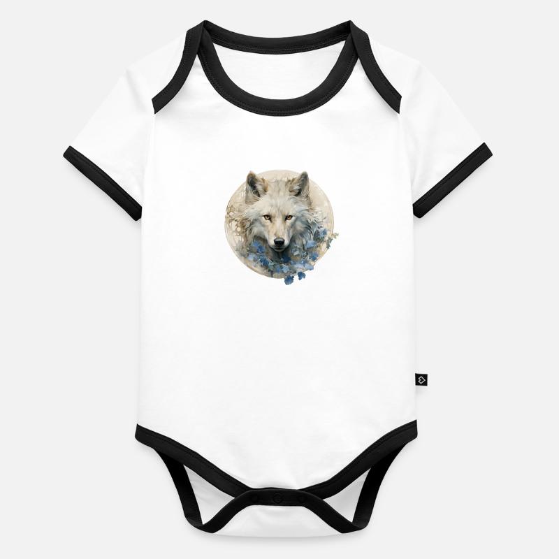 Loup blanc avec des fleurs Art déco Body Bébé bio contrasté manches courtes