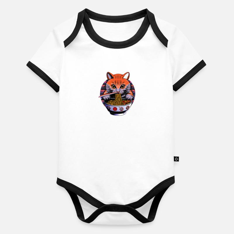 Le chat mignon aime la conception de nouilles ramen Body Bébé bio contrasté manches courtes