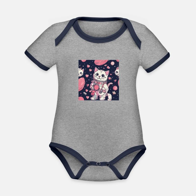 Chat dans l’espace Vol.9 - Body Bébé bio contrasté manches courtes - gris chiné/bleu marine