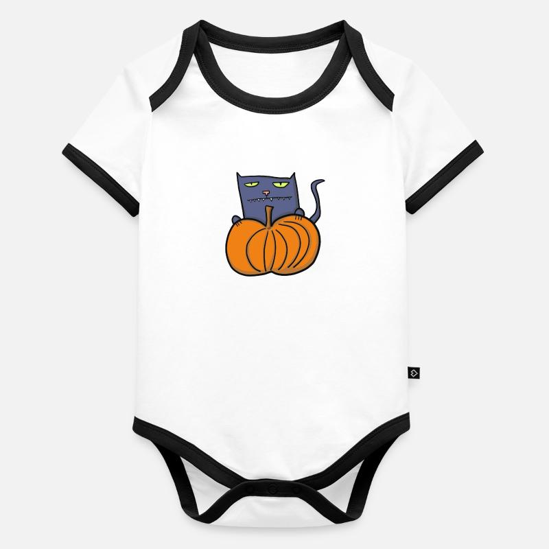 Chat d’Halloween avec citrouille Body Bébé bio contrasté manches courtes