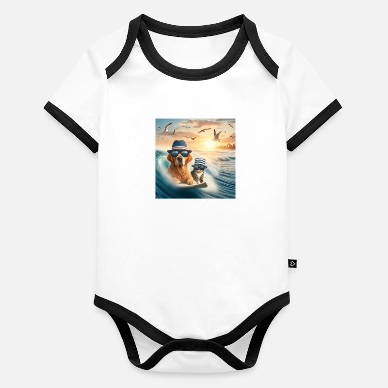 chient et chat surfeur Body Bébé bio contrasté manches courtes