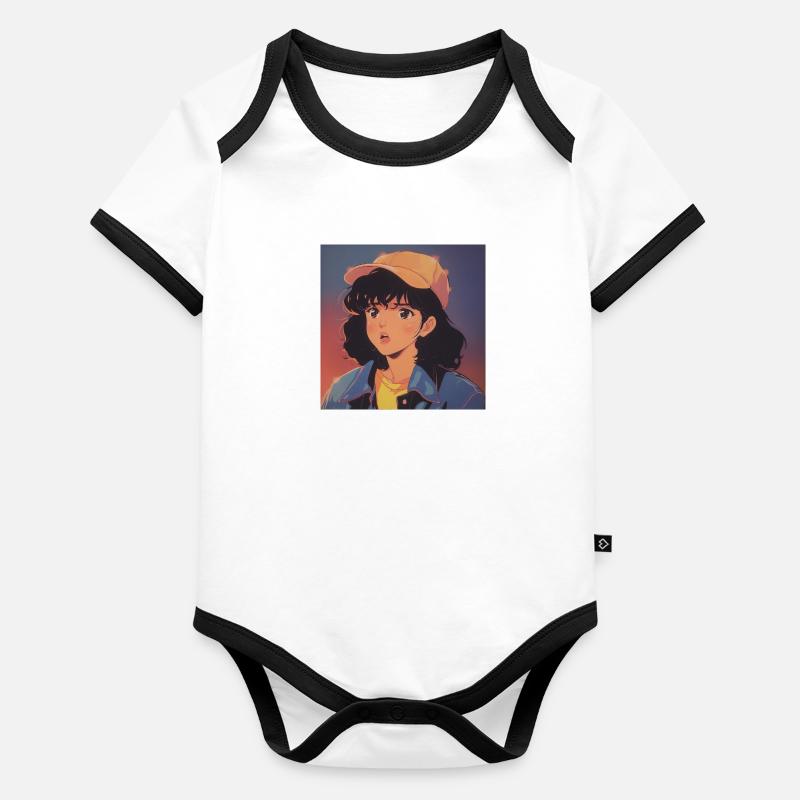Impression de mode de haute qualité de fille anime des années 80 Body Bébé bio contrasté manches courtes