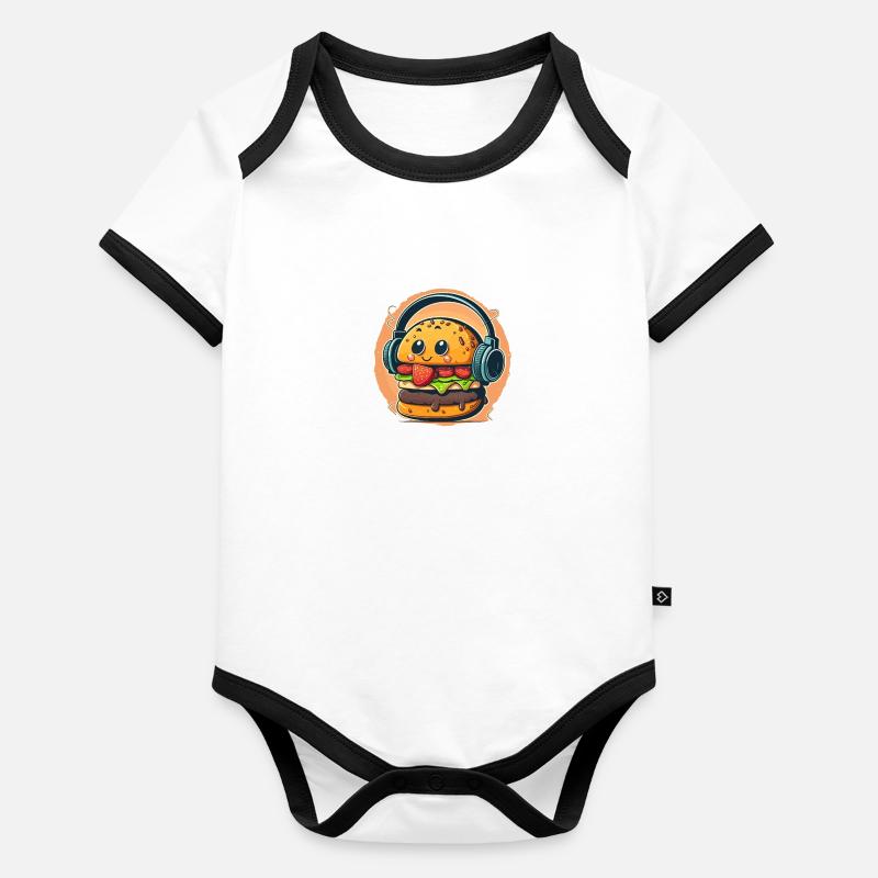 Burger Beats : un dessin animé ludique avec des écouteurs et Body Bébé bio contrasté manches courtes
