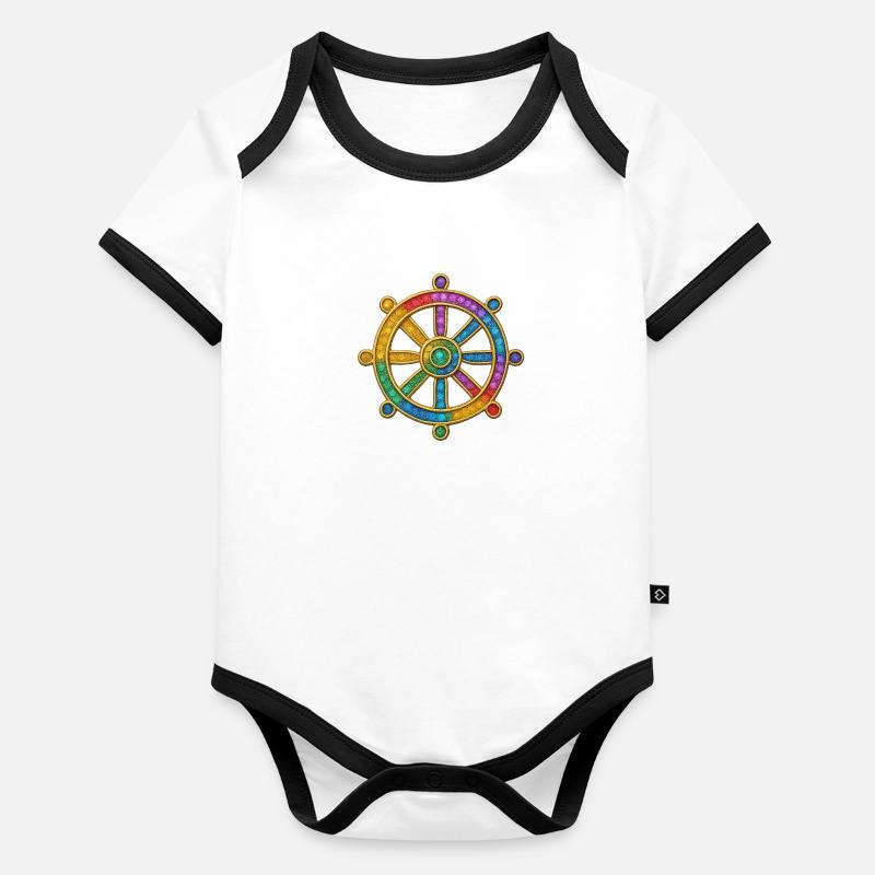 Dharma Roue Bouddhisme Octuple Sentier Glitter Body Bébé bio contrasté manches courtes