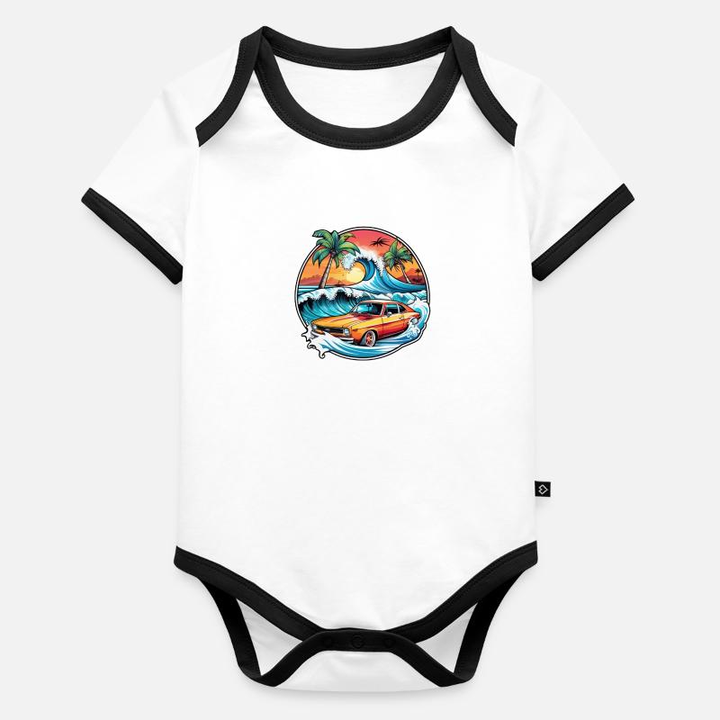 surf plage palmier soleil vacances Body Bébé bio contrasté manches courtes