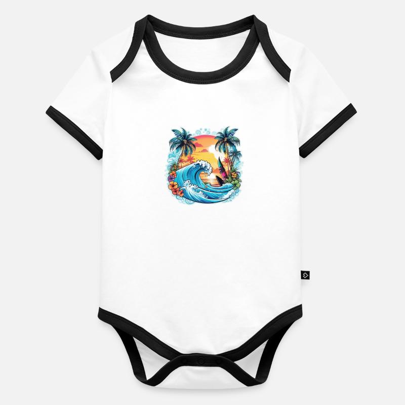surf plage palmier soleil vacances Body Bébé bio contrasté manches courtes