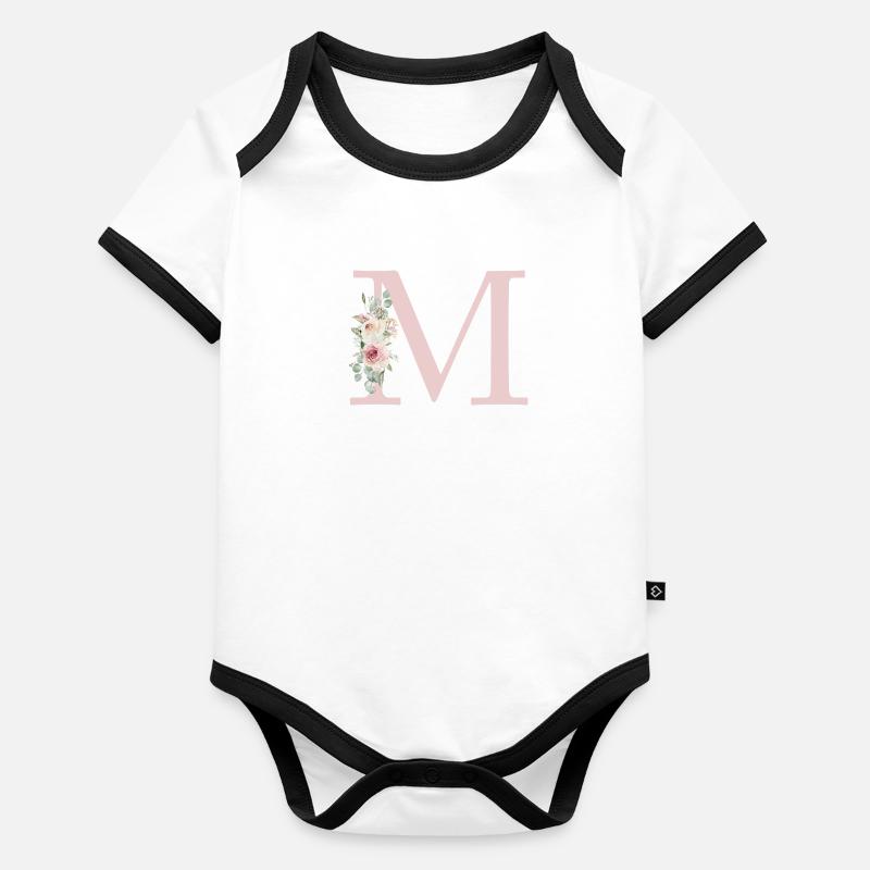 M| Monogramm | Eukalyptus-Pastell-Blumen-Blau Baby Bio-Kurzarm-Kontrastbody