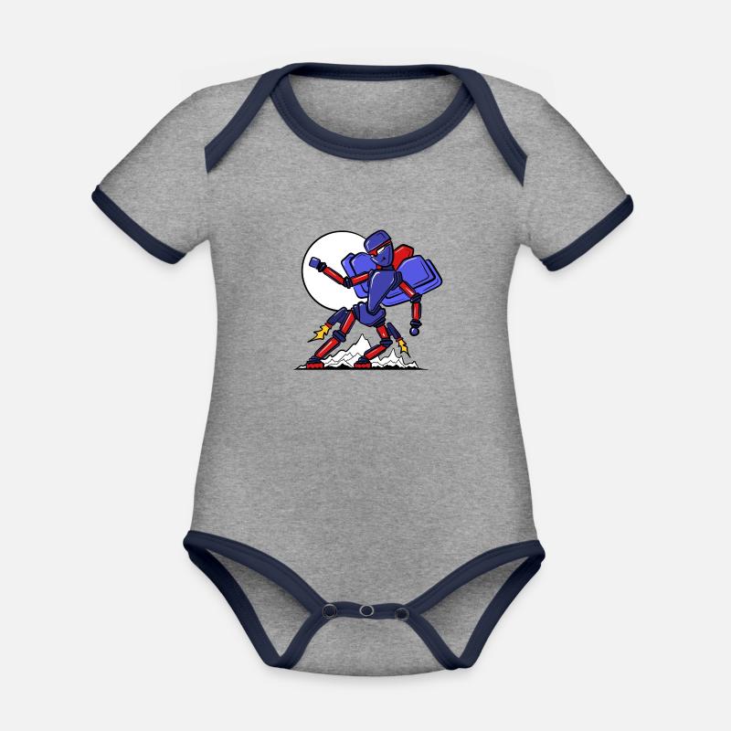 Robot en déplacement - Body Bébé bio contrasté manches courtes - gris chiné/bleu marine