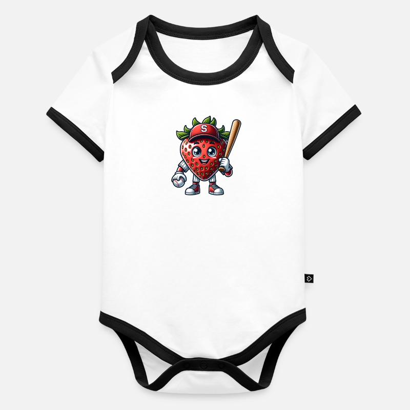 Funny Baseball Player with Strawberry Motif Organic Baby Contrasting Bodysuit