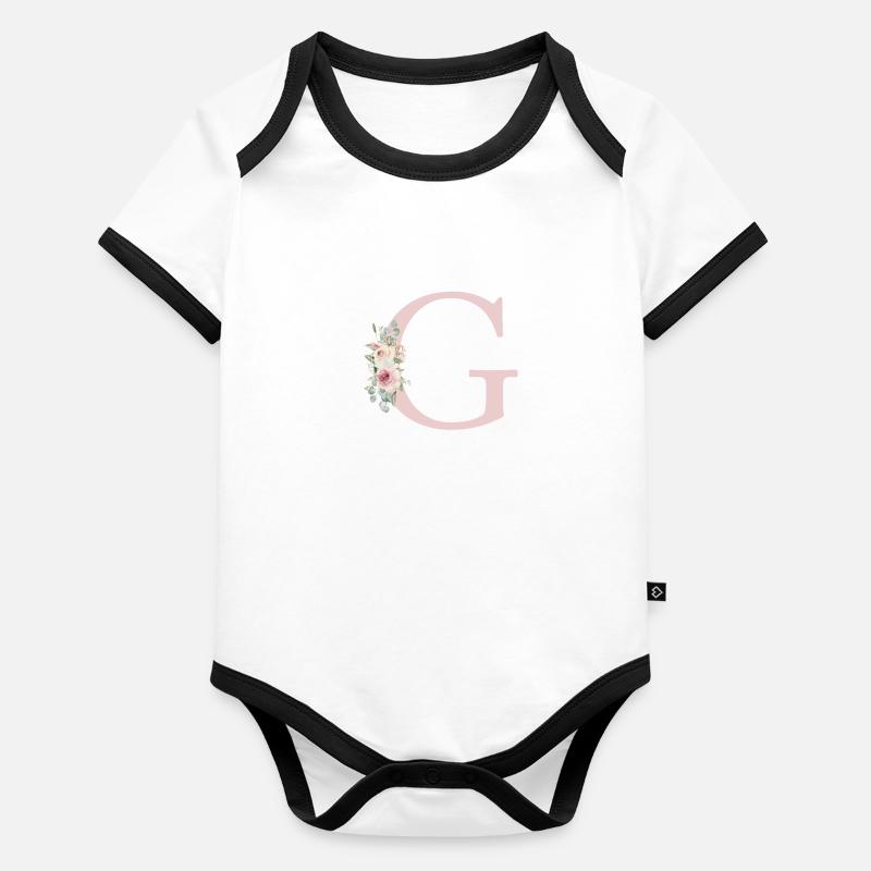 G| Monogramm | Eukalyptus-Pastell-Blumen-Blau Baby Bio-Kurzarm-Kontrastbody