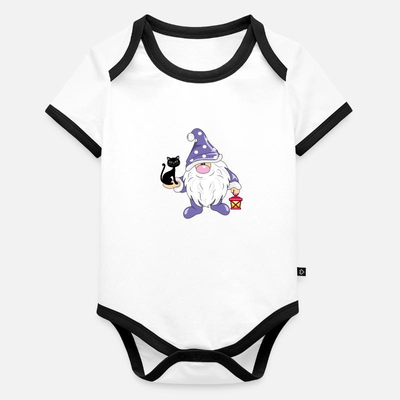 Drôle de gnome nordique avec un chat noir mignon Body Bébé bio contrasté manches courtes