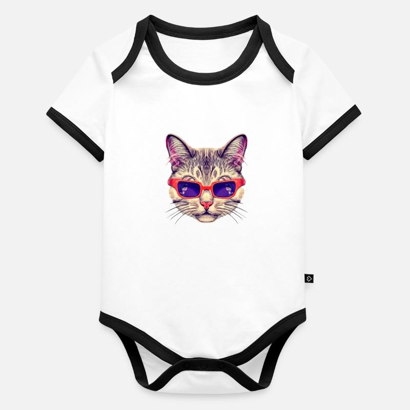Edle Katze mit roter Sonnenbrille Baby Bio-Kurzarm-Kontrastbody