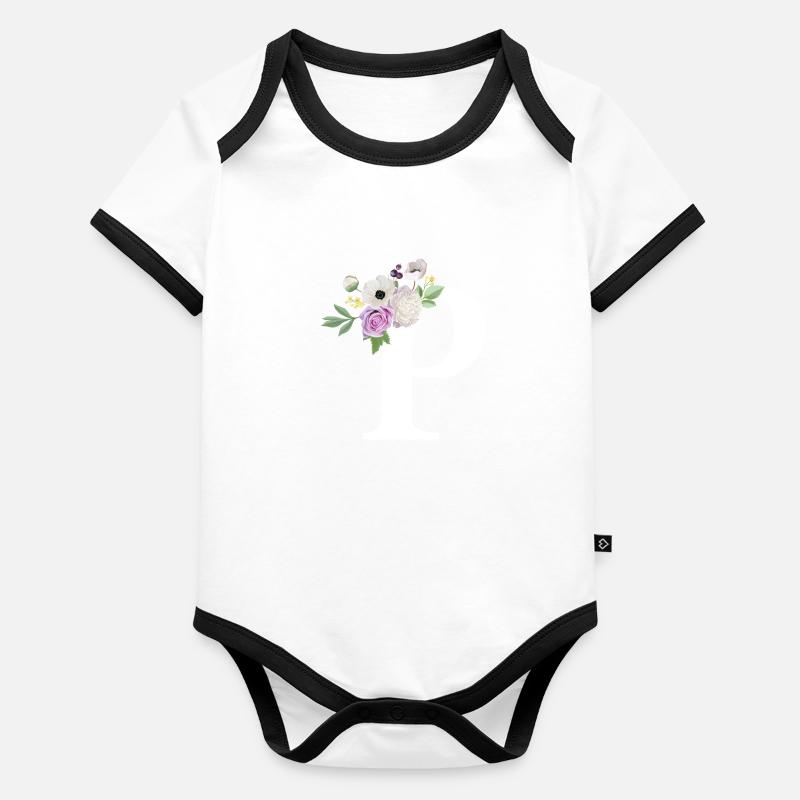 Lila Blumenbuchstabe p Baby Bio-Kurzarm-Kontrastbody