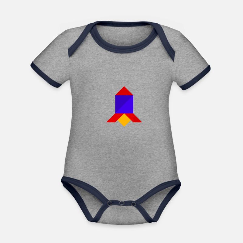 Fusée - Tangram - Body Bébé bio contrasté manches courtes - gris chiné/bleu marine