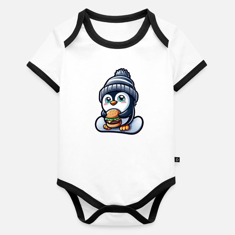 Pinguin Snowboard Cheeseburger Spaß Baby Bio-Kurzarm-Kontrastbody