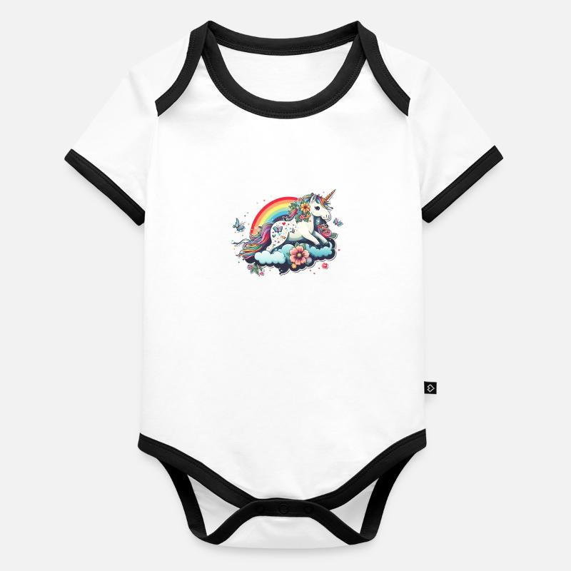 Mignon licorne arc-en-ciel, nuage, style kawaii Body Bébé bio contrasté manches courtes