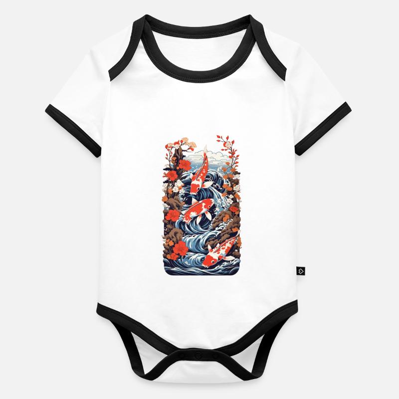Majestueuse Koi Ukiyo-E Style Japon Body Bébé bio contrasté manches courtes