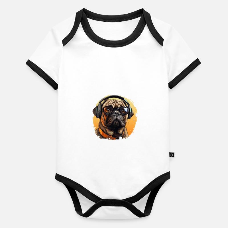 Mops mit Sonnenbrille und Kopfhörer Baby Bio-Kurzarm-Kontrastbody