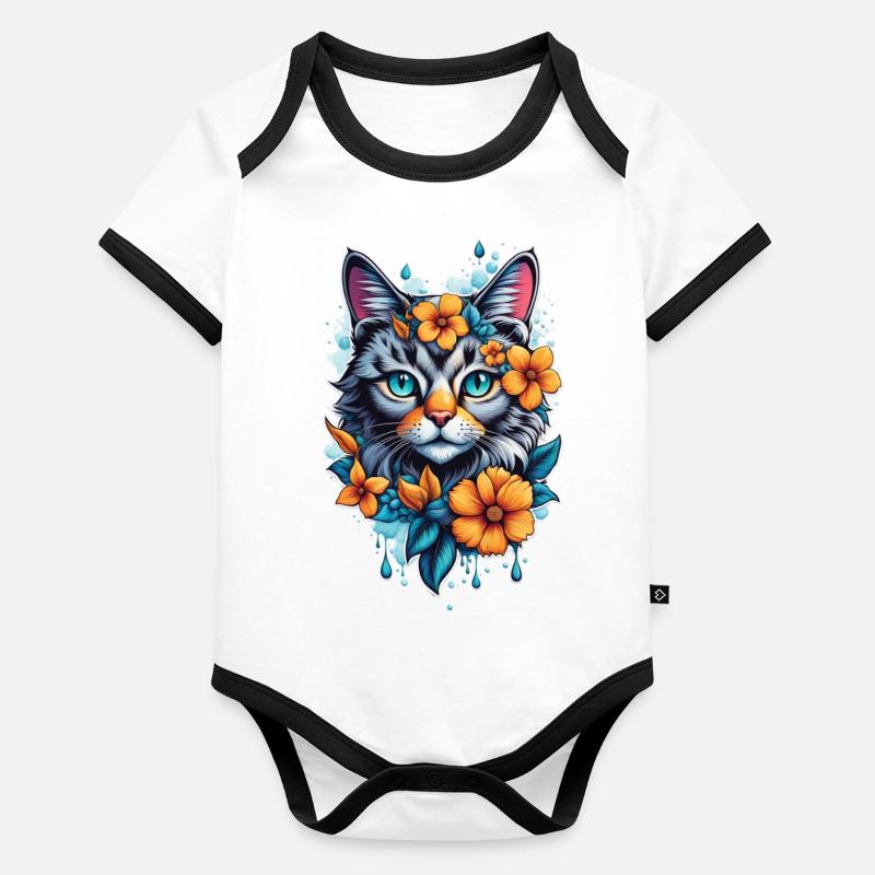 chat et fleur aquarelle Body Bébé bio contrasté manches courtes