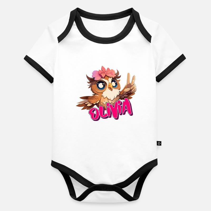 OLIVIA - Schöner Mädchen Name mit süßer EULE Baby Bio-Kurzarm-Kontrastbody