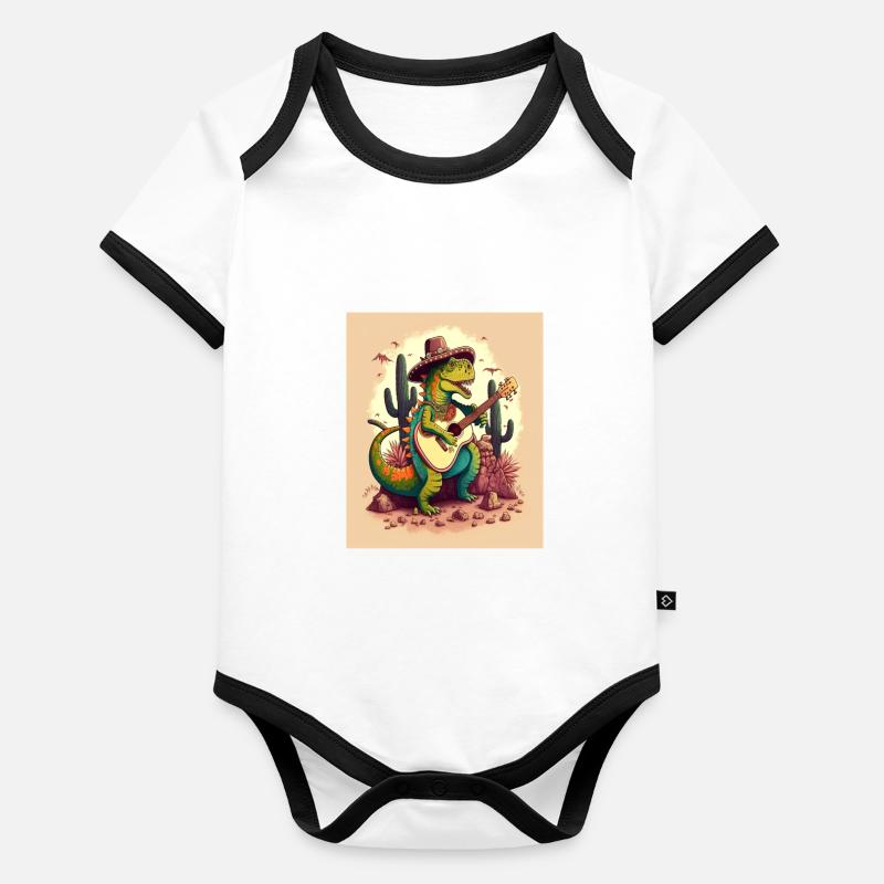 Dinosaur Lover Festive Dinosaur Playing Guitar Baby Bio-Kurzarm-Kontrastbody