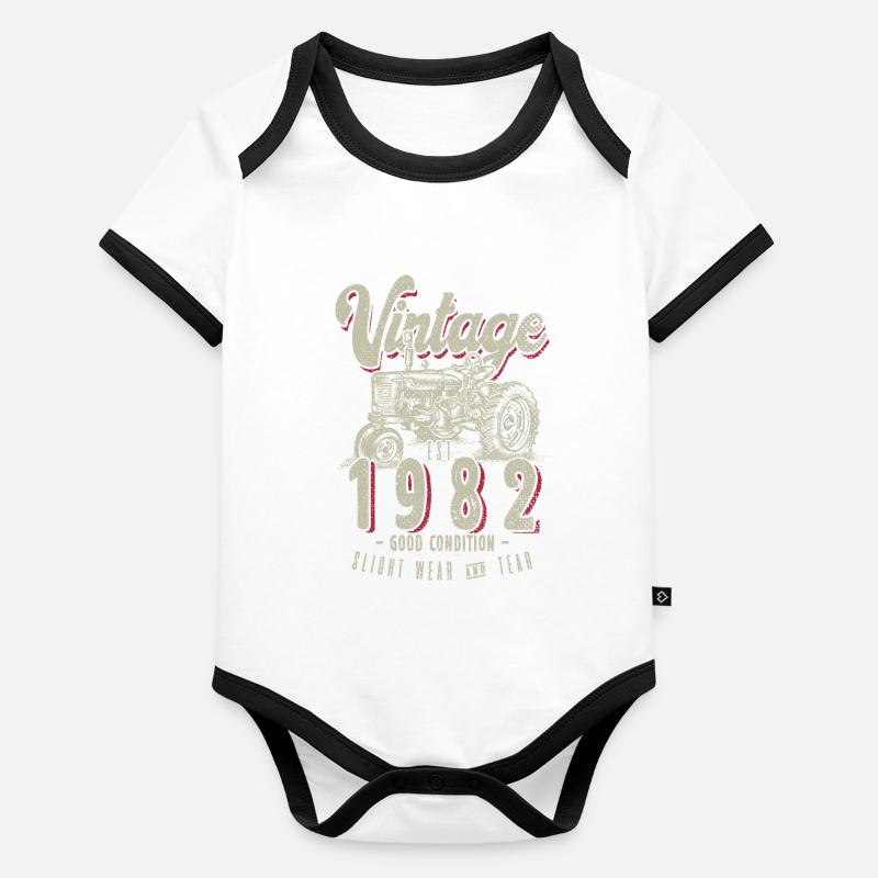 Oldtimer Traktor Farmer Geburtstag geboren 1982 Baby Bio-Kurzarm-Kontrastbody