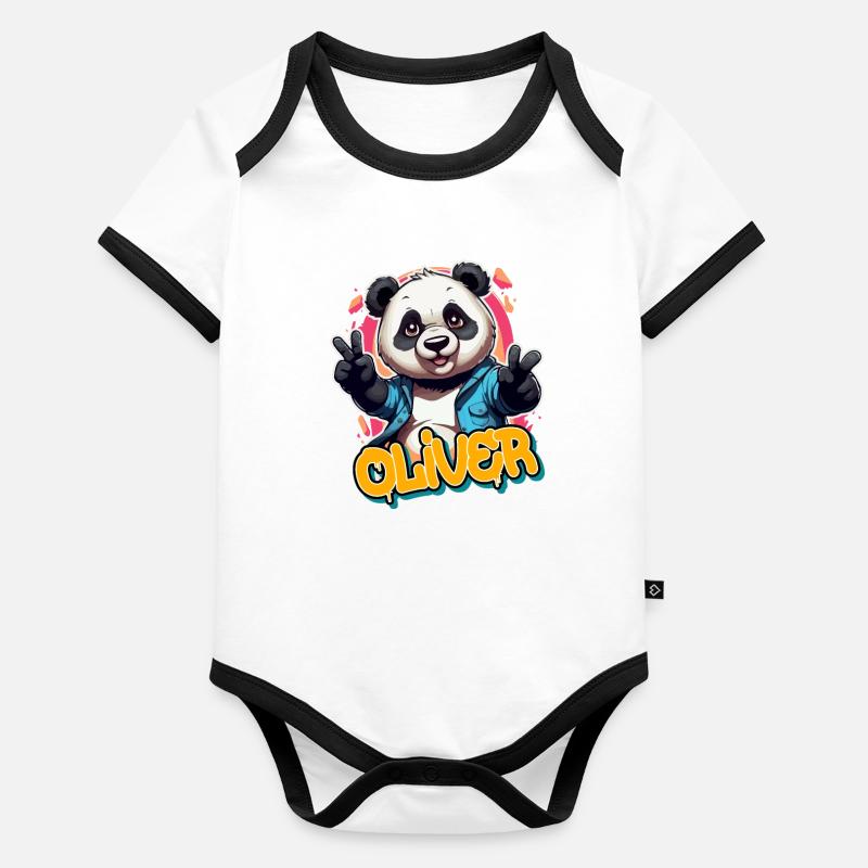 OLIVER - Schöner Jungen Name mit coolem Panda Baby Bio-Kurzarm-Kontrastbody