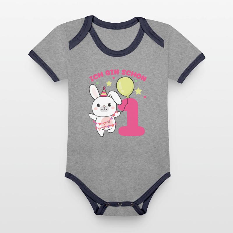 Ich bin schon 1 Hasen Geburtstags Kinder Baby Bio-Kurzarm-Kontrastbody