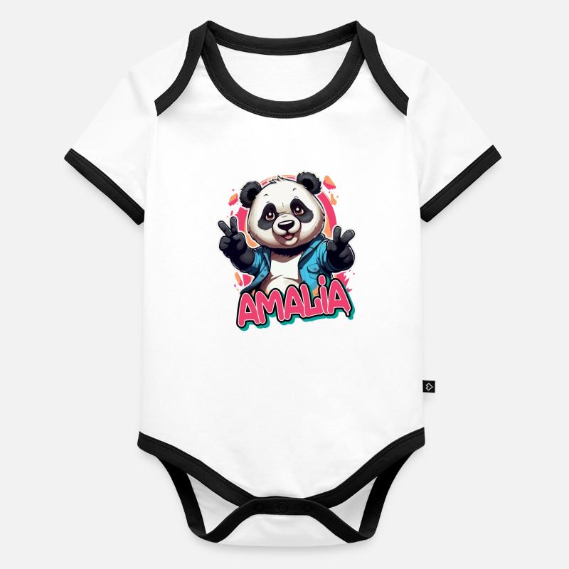 AMALIA - Schöner Mädchen Name mit coolem Panda Baby Bio-Kurzarm-Kontrastbody