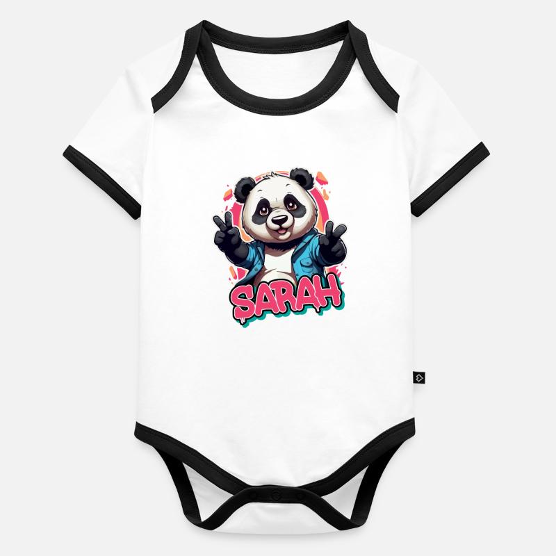 SARAH - Schöner Mädchen Name mit coolem Panda Baby Bio-Kurzarm-Kontrastbody