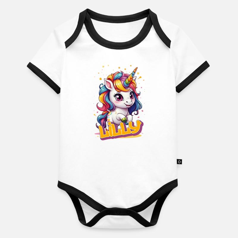 LILLY - Schöner Mädchen Name mit süßem Einhorn Baby Bio-Kurzarm-Kontrastbody