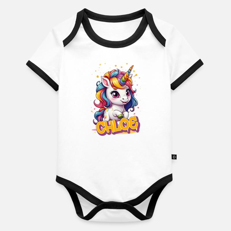 CHLOE - Schöner Mädchen Name mit süßem Einhorn Baby Bio-Kurzarm-Kontrastbody