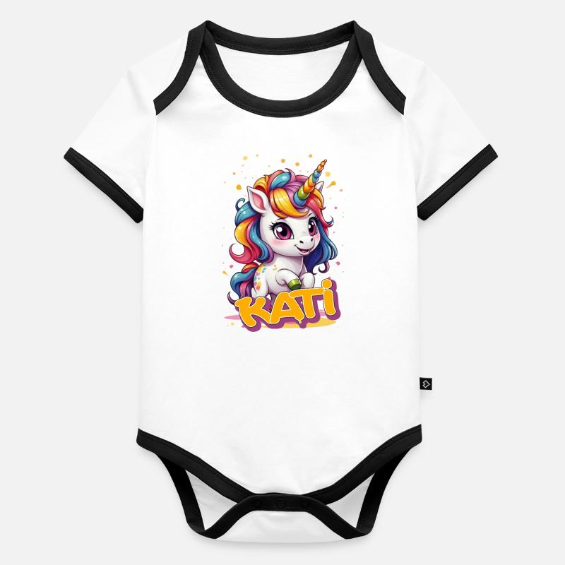 KATI - Schöner Mädchen Name mit süßem Einhorn Baby Bio-Kurzarm-Kontrastbody
