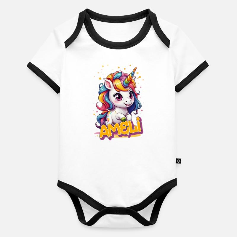 AMELI - Schöner Mädchen Name mit süßem Einhorn Baby Bio-Kurzarm-Kontrastbody