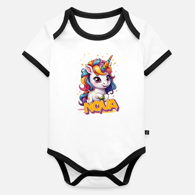 NOVA - Schöner Mädchen Name mit süßem Einhorn Baby Bio-Kurzarm-Kontrastbody