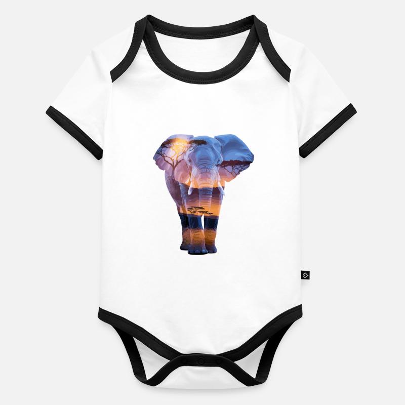 éléphant africain coucher de soleil savane Body Bébé bio contrasté manches courtes