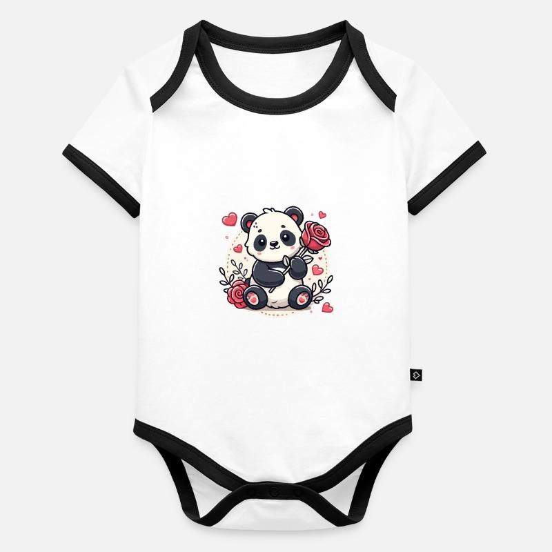 Verliebter Panda mit einer Rose in der Pfote Baby Bio-Kurzarm-Kontrastbody