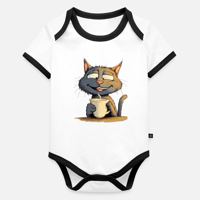 Chat satisfait avec du café - Style BD Body Bébé bio contrasté manches courtes