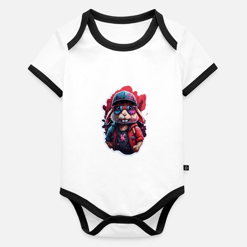 Lapin mignon, casquette de baseball, lunettes de soleil, pull, couleur - Body Bébé bio contrasté manches courtes - 