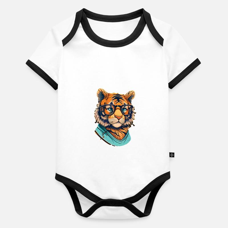 Tiger als Nerd mit Buch Baby Bio-Kurzarm-Kontrastbody