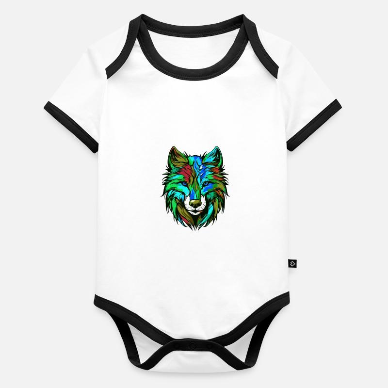 Wolf Porträt Bunt Baby Bio-Kurzarm-Kontrastbody