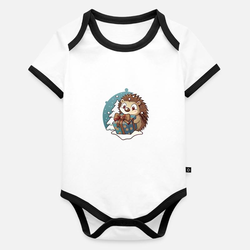 Hérisson mignon avec cadeau à Noël Body Bébé bio contrasté manches courtes