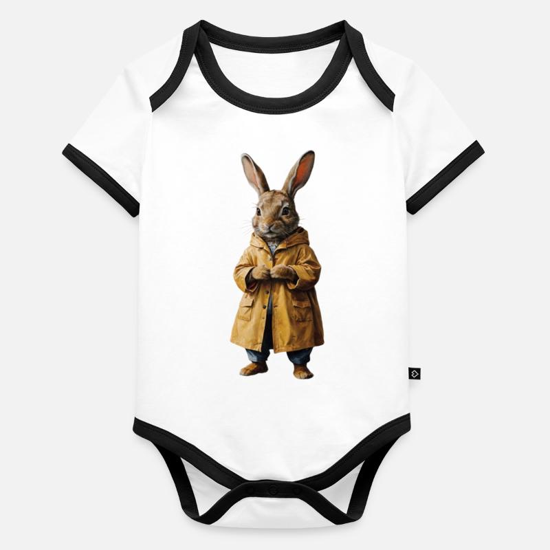 Lapin en imperméable au style rétro Body Bébé bio contrasté manches courtes