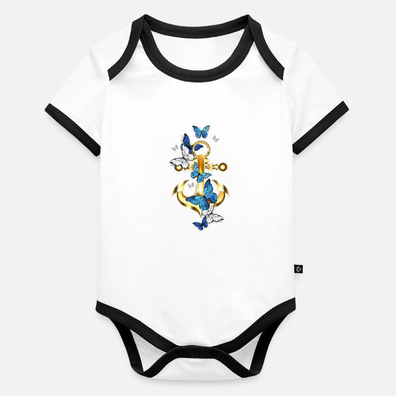 Ancre avec papillon maritime Body Bébé bio contrasté manches courtes