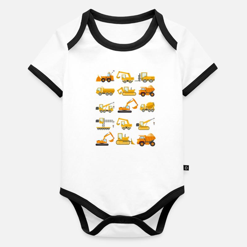 Construction Diggers Trucks Vehicles Design Body Bébé bio contrasté manches courtes