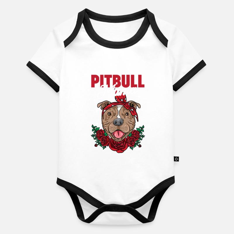 Pitbull Mama portant une tenue de fleurs rouges Body Bébé bio contrasté manches courtes
