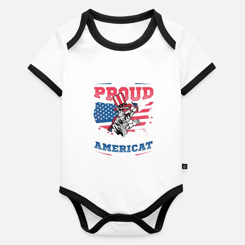Drapeau américain, chat, thème du 4 juillet. Body Bébé bio contrasté manches courtes