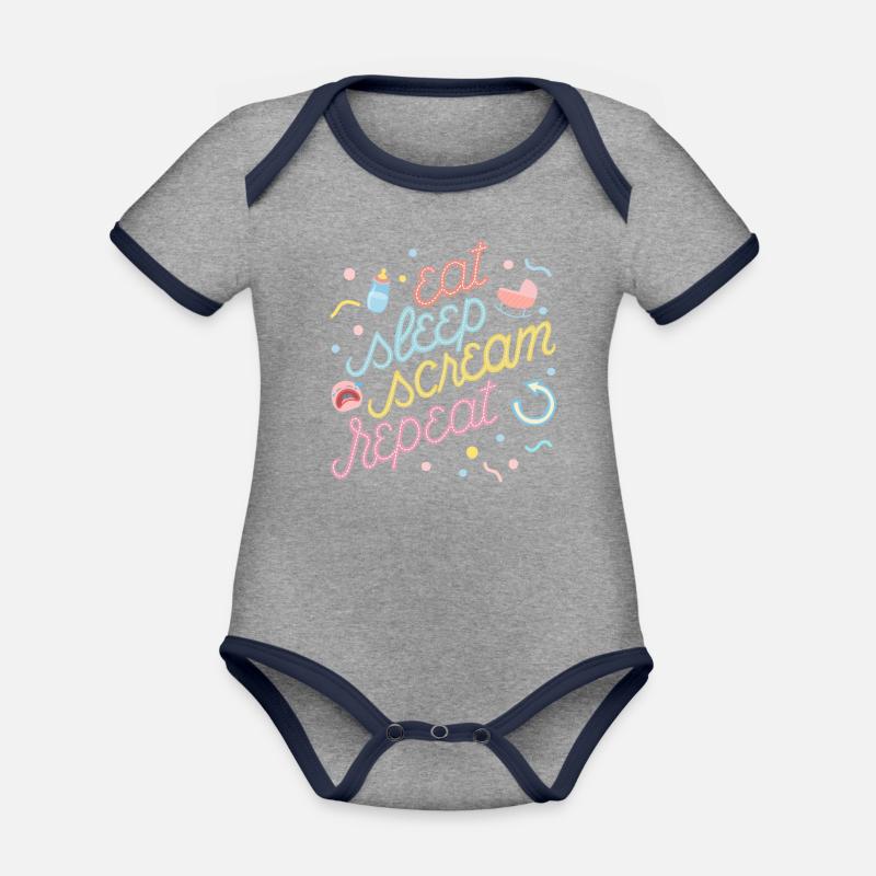 Manger, dormir, crier, répéter - Body Bébé bio contrasté manches courtes - gris chiné/bleu marine