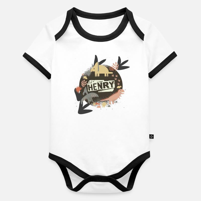 HENRY - Beautiful boy name with cute dinosaurs Organic Baby Contrasting Bodysuit