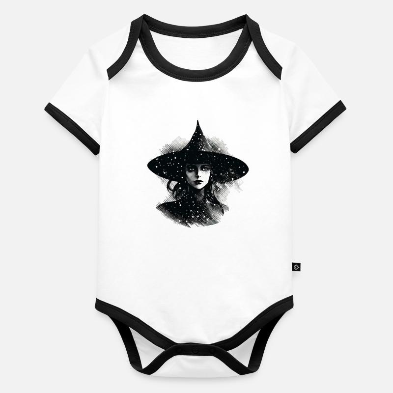 Tête de sorcière en noir et blanc, Halloween Body Bébé bio contrasté manches courtes